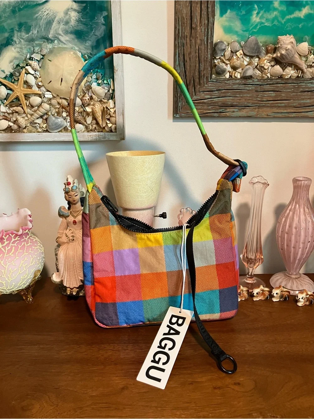 BAGGU Madras Mini Nylon Shoulder Bag Urban Outfitters UO - Picture 1 of 7